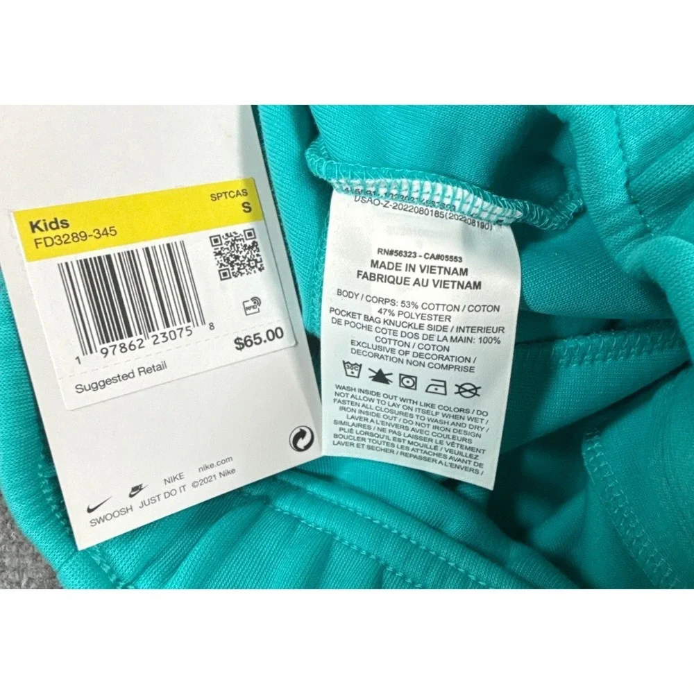 Nike Tech Kids Small Teal Green Fleece Drawstring Shorts Zip Pocket NWT